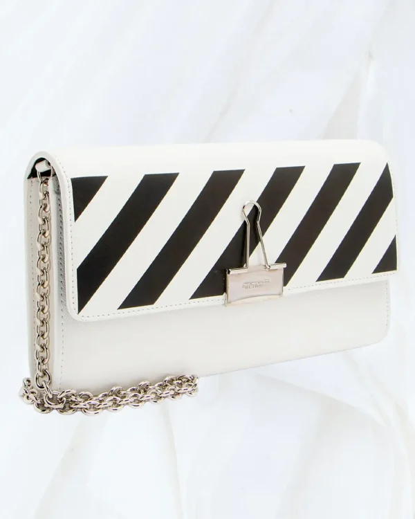 Off-White wallet on chain angled side view diagonal stripe leather bag