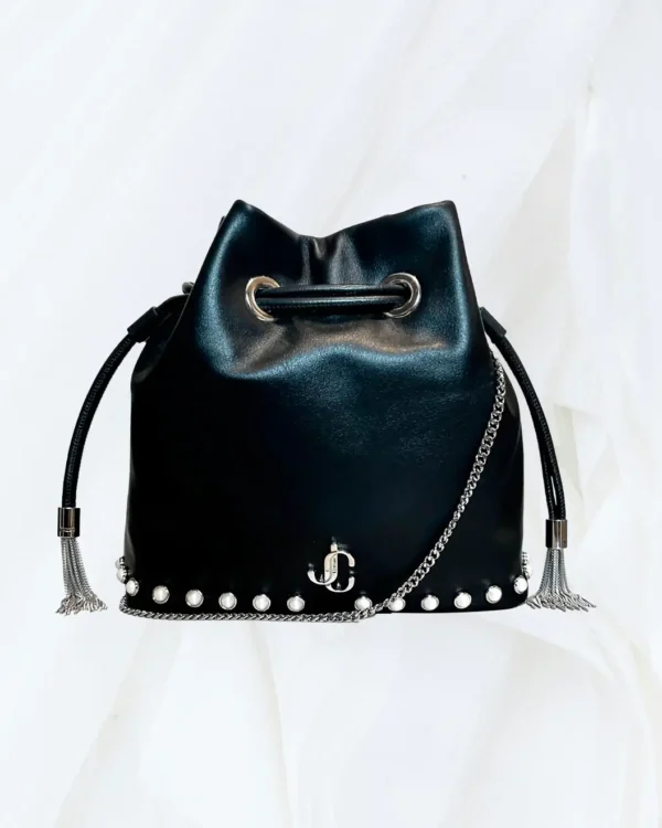 Jimmy Choo Marcheline Pearl small bucket crossbody bag in black front view