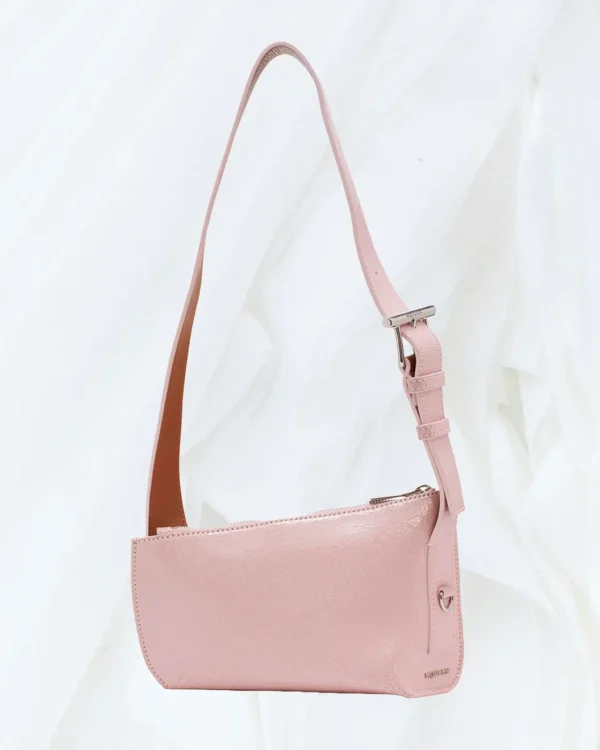 Front angled Alexander McQueen T-Bar Sling pink leather bag