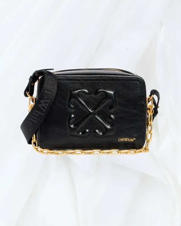 Front angled view of Off White medium black camera crossbody bag