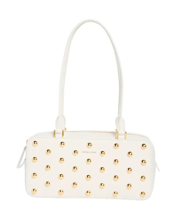 Front view of Veronica Beard studded boxy leather shoulder bag in off white and gold