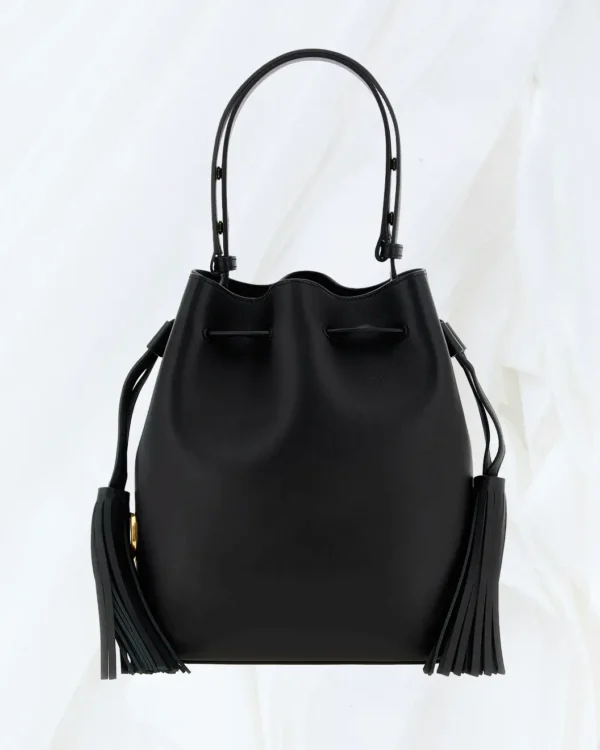 Close up side detail of Valentino Garavani black shoulder bag with VLogo hardware