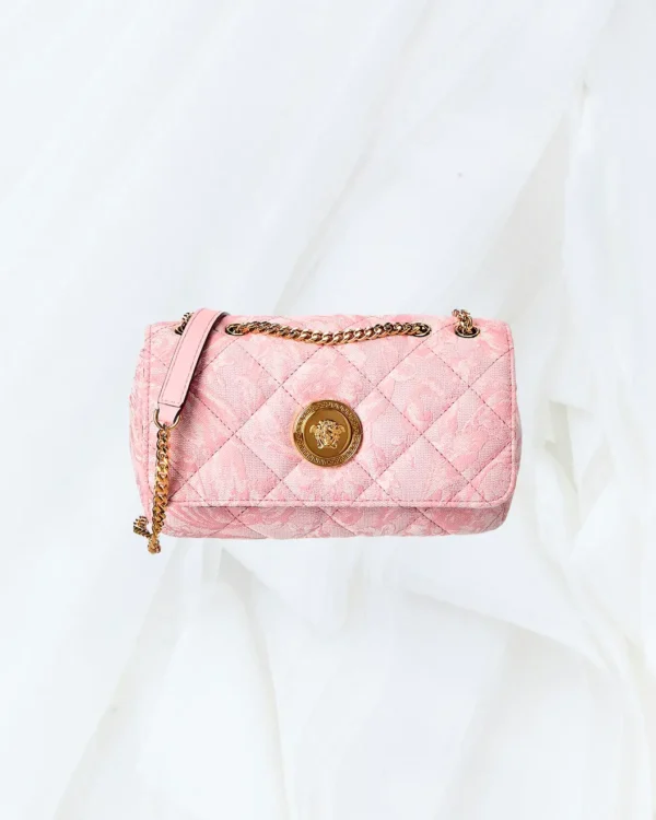 Versace Medusa Small Canvas Shoulder Bag front view in pink quilted canvas