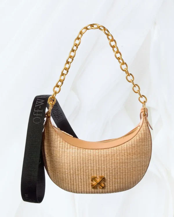 Off-White Hemisphere brown straw and leather shoulder bag with gold-tone chain