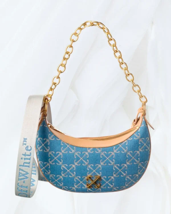 Off-White Hemisphere blue denim and beige leather shoulder bag with gold-tone chain