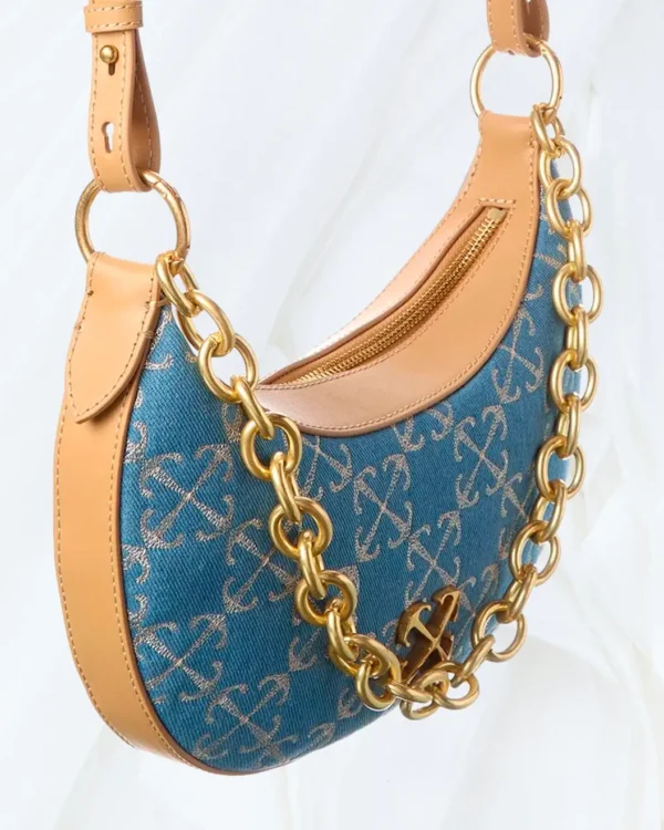 Off-White Hemisphere blue denim shoulder bag with chain and zip detail
