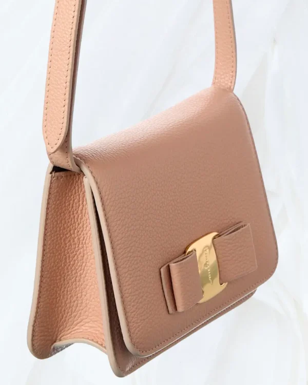 Ferragamo Vara Bow pink leather crossbody bag angled detail