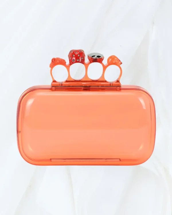 Front view of Off-White Skull Four Ring Clutch in apricot colour