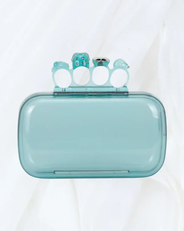 Front view of Off-White Skull Four Ring Clutch in pale blue