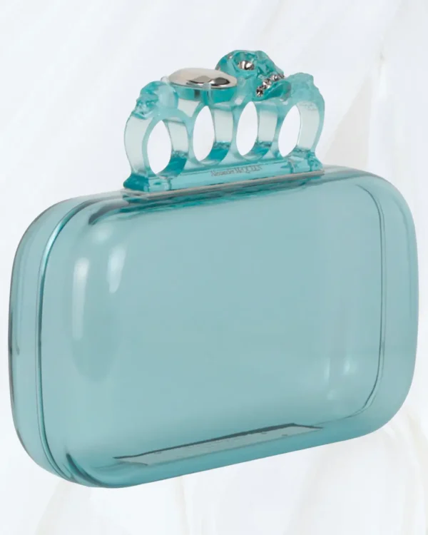 Side angle of Off-White Skull Four Ring Clutch in pale blue