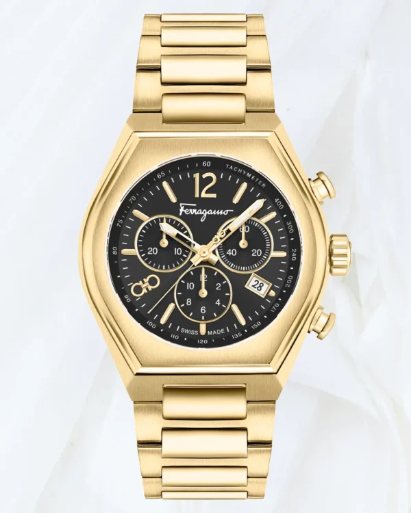 Ferragamo Tonneau Chronograph Bracelet Watch 42mm front view in yellow gold