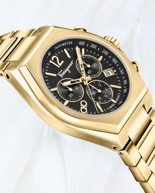 Lifestyle image of the Ferragamo Tonneau Chronograph Bracelet Watch worn on the wrist, highlighting its bold fit and polished bracelet design.