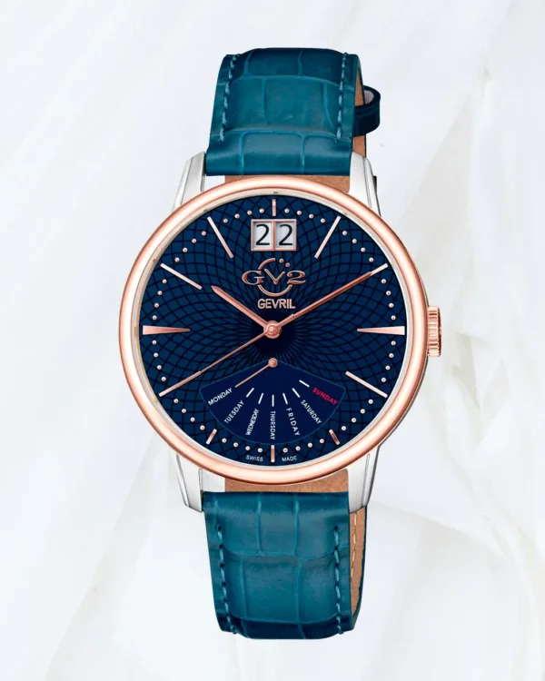 GV2 Rovescio blue dial watch with large date window in Malta