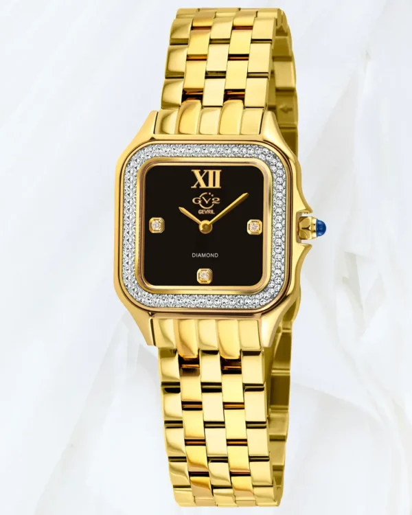 GV2 Milan women’s gold watch with black onyx dial and diamond bezel for sale online in Malta at Cutu Store.