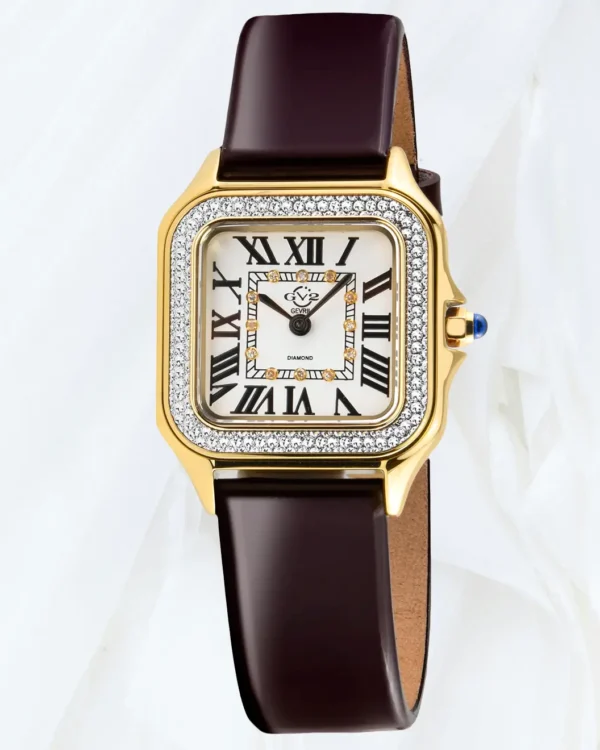 GV2 Milan women’s burgundy leather watch with light gold case, white dial and diamond bezel for sale online in Malta at Cutu Store.