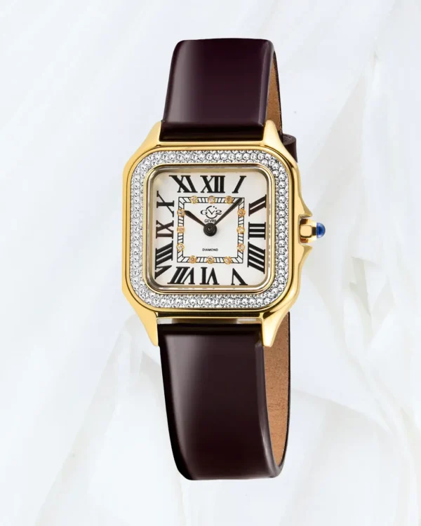 GV2 Milan women’s diamond Swiss quartz watch with burgundy strap and white dial available online in Malta.