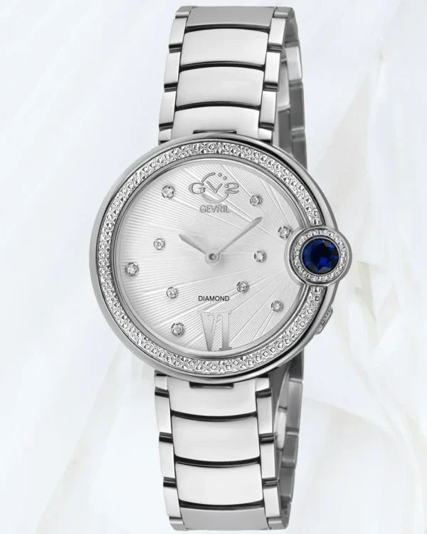 GV2 Women’s Perugia Diamond Watch in silver stainless steel with silver white dial, diamond bezel and blue crown detail, available online in Malta at Cutu Store.