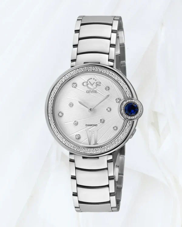 GV2 Perugia women’s diamond watch with 316L stainless steel bracelet and silver white dial, luxury watch sold online in Malta by Cutu Store.