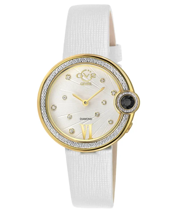 GV2 Women’s Perugia Diamond Watch with IPRG case, silver white dial and white Saffiano leather strap, available online in Malta at Cutu Store.