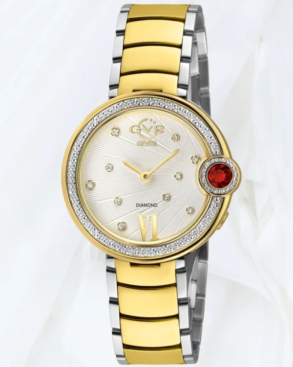 GV2 Women’s Perugia Diamond Watch with IPYG case, silver white dial and two tone SS and IPYG bracelet, sold online in Malta at Cutu Store.