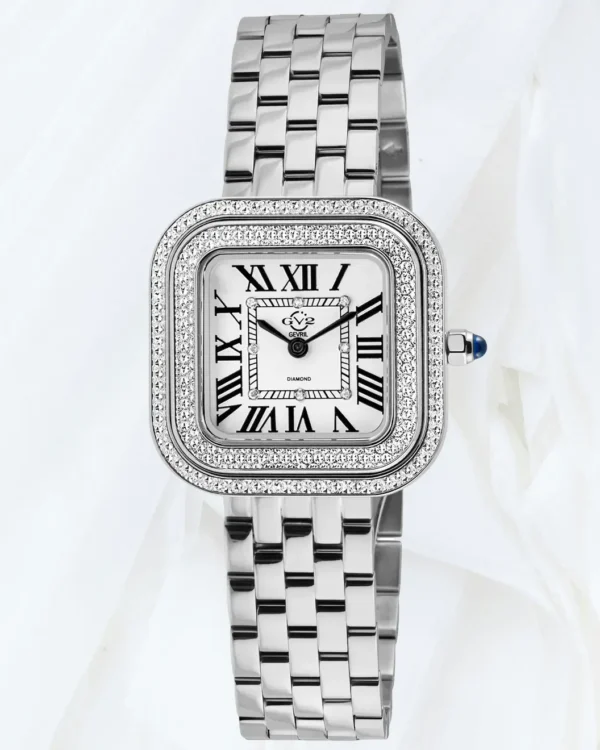 GV2 Bellagio women’s Swiss diamond watch with silver white dial, stainless steel bracelet and double diamond cut bezel, sold online in Malta at Cutu Store.