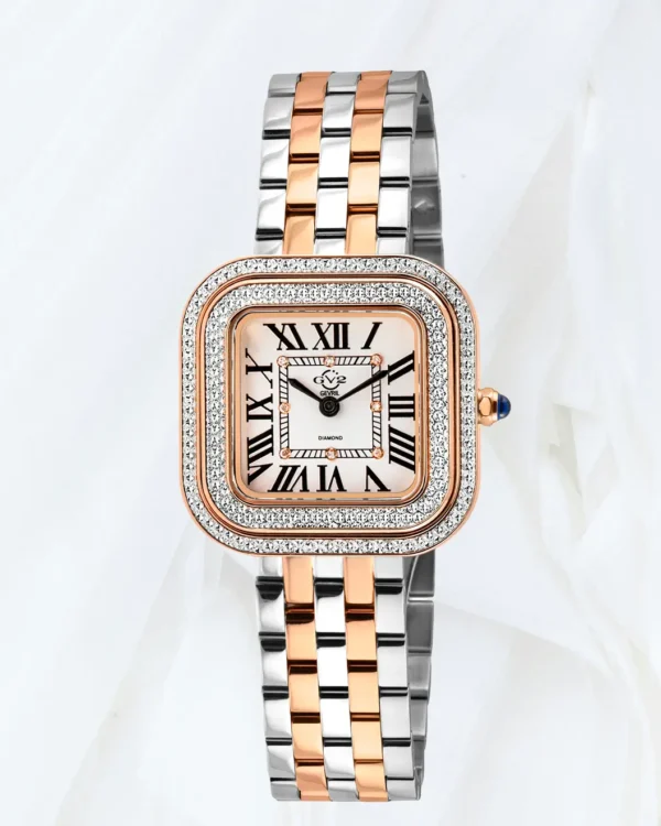 GV2 Bellagio women’s Swiss made diamond watch with silver white dial, rose gold case accents and two tone bracelet, sold online in Malta at Cutu Store.
