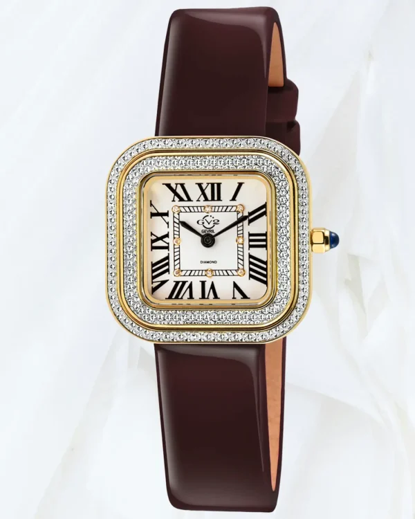 GV2 Bellagio women’s burgundy leather diamond watch with gold tone square case, silver white dial and diamond bezel, sold online in Malta at Cutu Store.