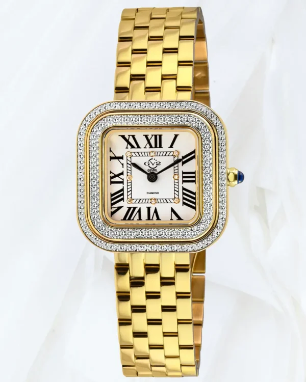 GV2 Bellagio women’s gold diamond watch with square case, silver white dial, Roman numerals and IPYG bracelet, sold online in Malta at Cutu Store.