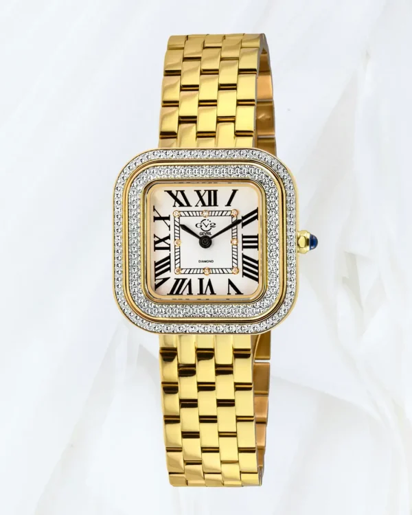 GV2 Bellagio women’s Swiss made diamond watch with gold bracelet, silver white dial and blue cabochon crown, available online in Malta.