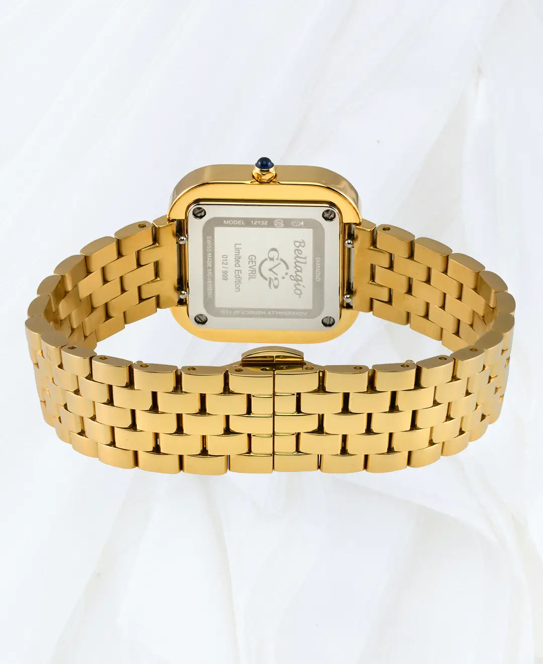 Back view of GV2 Bellagio women’s gold diamond watch with IPYG bracelet and engraved case back, sold online in Malta.