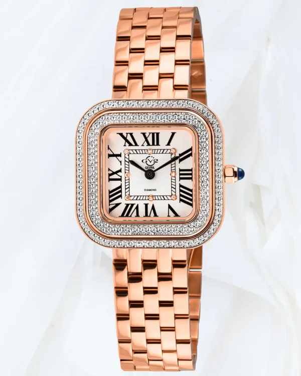 GV2 Bellagio women’s rose gold diamond watch with square case, silver white dial and rose gold bracelet, sold online in Malta at Cutu Store.