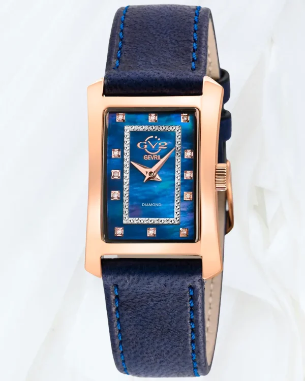 GV2 Luino women’s blue MOP diamond watch with rectangular case and blue leather strap, sold online in Malta at Cutu Store.