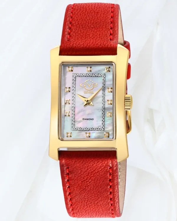 GV2 Luino women’s red leather diamond watch with white MOP dial and yellow gold rectangular case, sold online in Malta at Cutu Store.