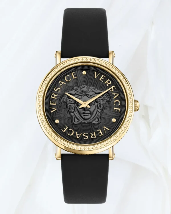 Close front view of Versace V-Dollar watch with black Medusa dial