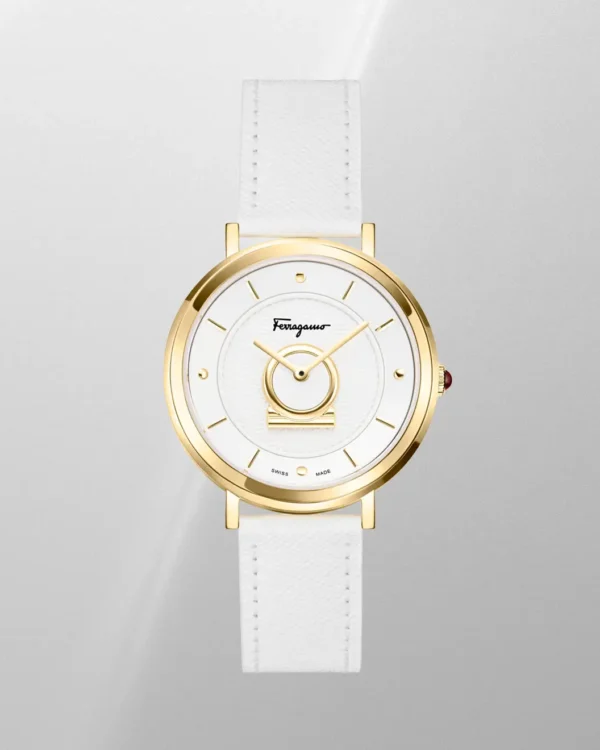 Ferragamo Minuetto leather watch with white strap and gold-tone 36mm case