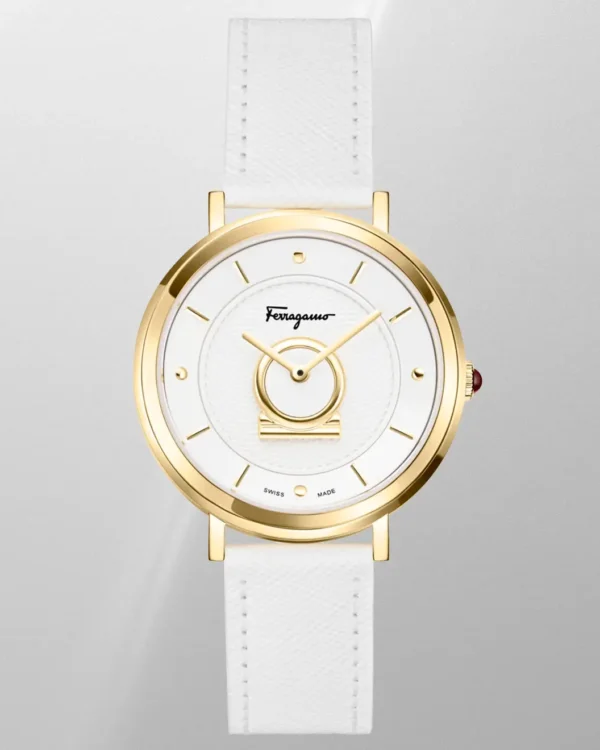 Ferragamo Minuetto 36mm white and gold watch with guilloché dial