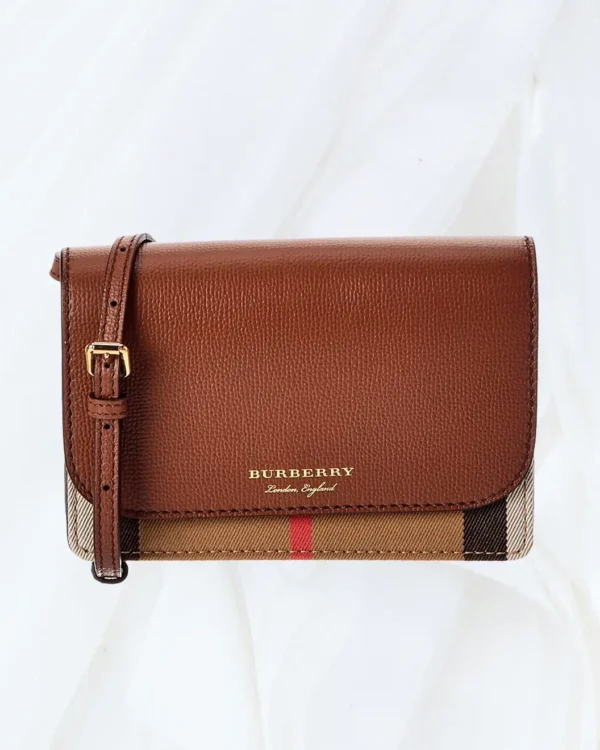 Burberry Check Canvas & Leather Crossbody Bag in brown, front angled view