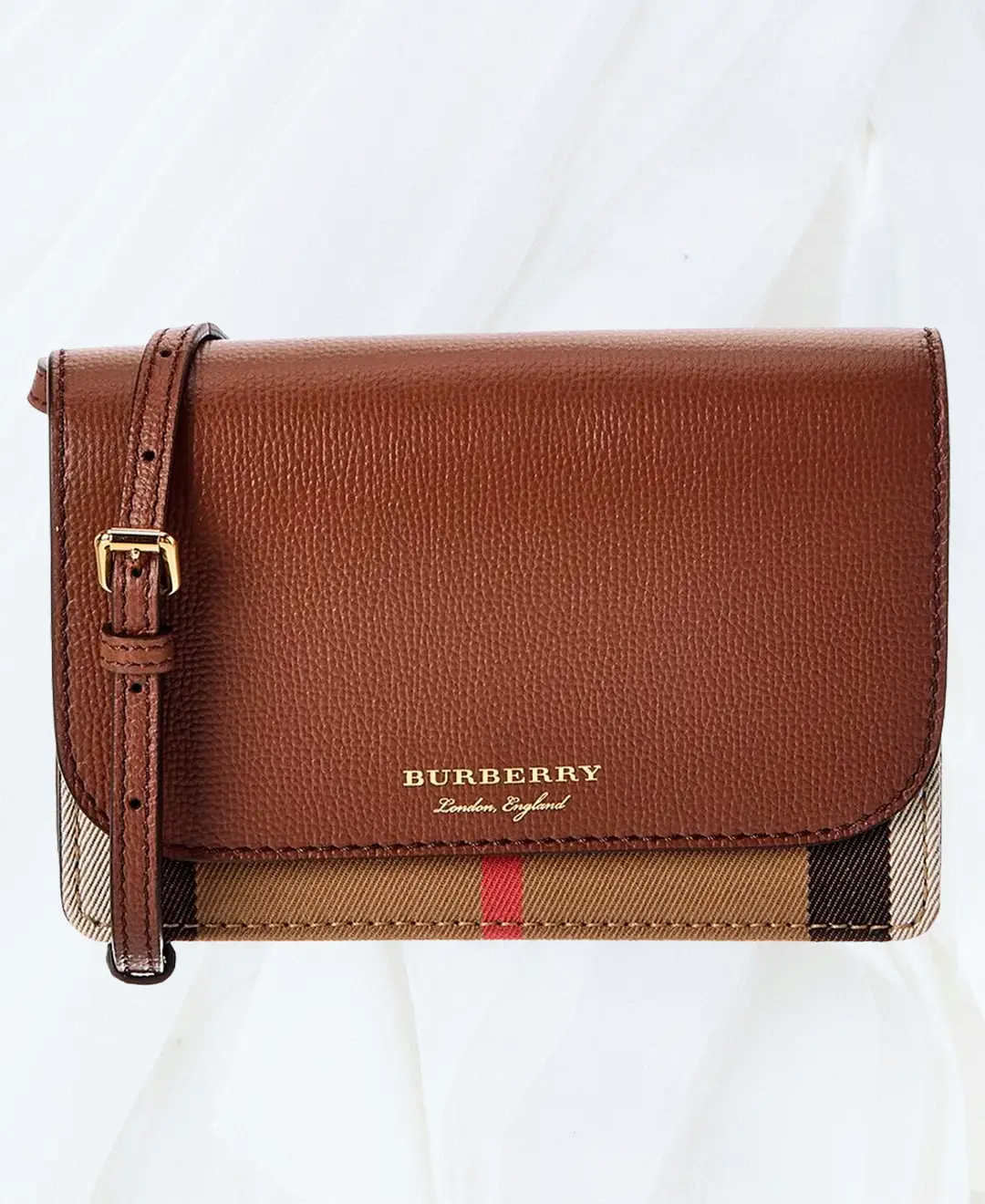 Burberry Check Canvas & Leather Crossbody Bag in brown, front view
