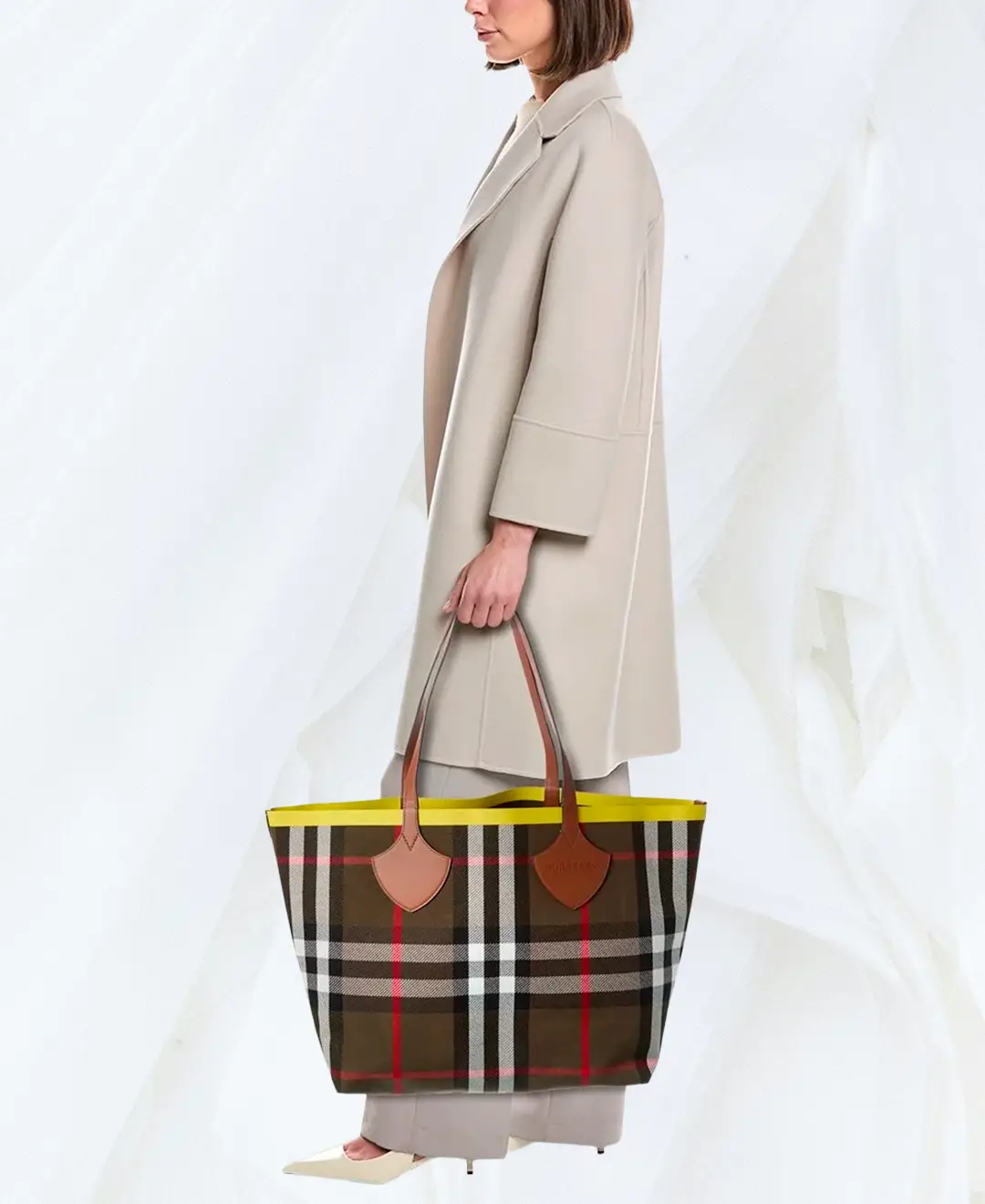 Burberry Large Reversible Check Canvas & Leather Tote carried by hand
