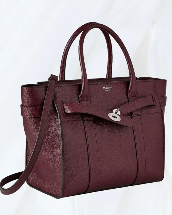 Angled view of Mulberry Small Zipped Bayswater Black Cherry leather bag