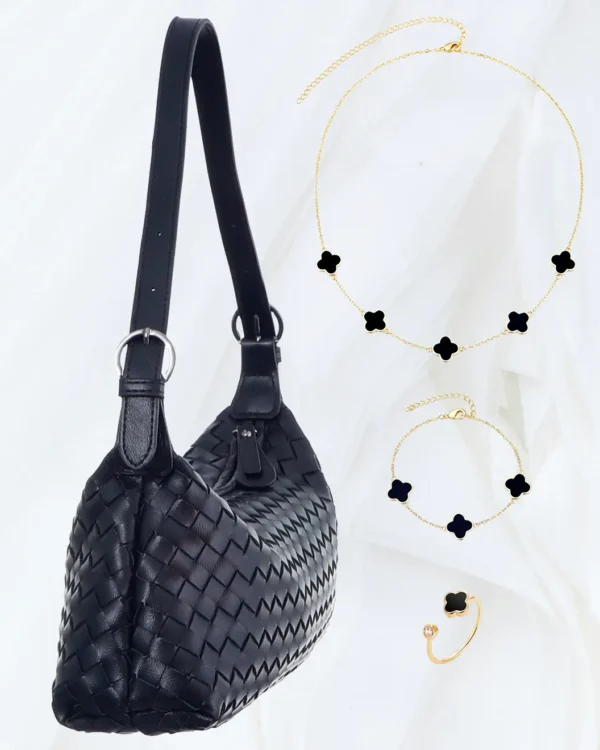 Adornia black woven shoulder bag with gold and black clover jewellery set