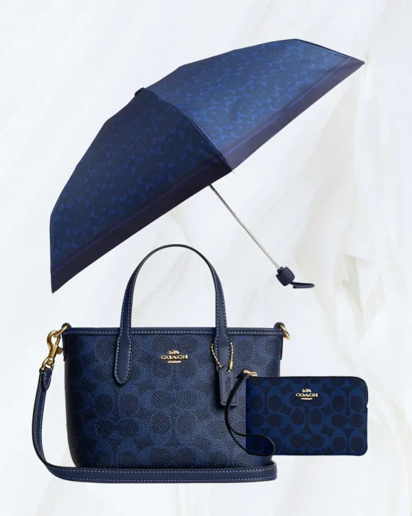 Coach gold and navy City Mini Tote, wristlet and Signature mini umbrella set
