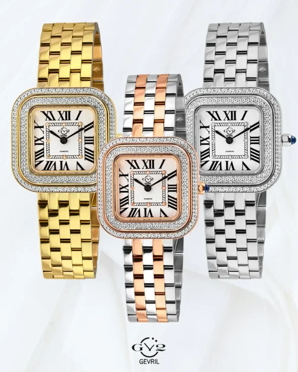 Three GV2 Bellagio women’s diamond watches displayed together in gold, two tone and silver.