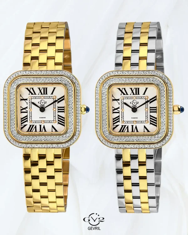 Two GV2 Bellagio women’s diamond watches shown from the front, one with a gold tone bracelet and one with a gold and silver bracelet.