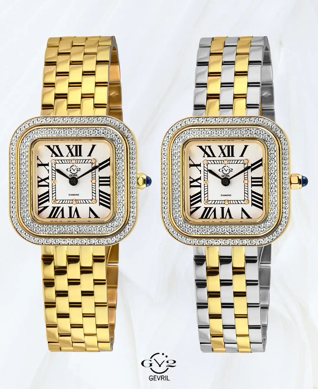Two GV2 Bellagio women’s diamond watches shown from the front, one with a gold tone bracelet and one with a gold and silver bracelet.