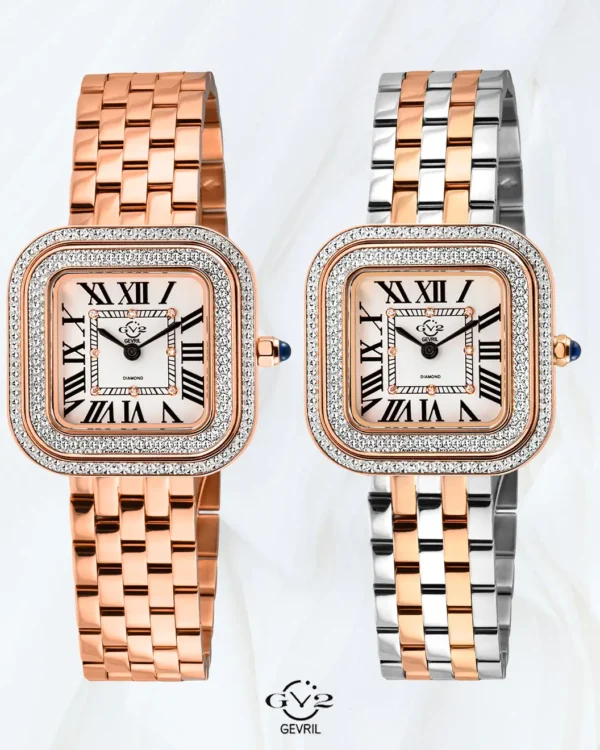 Front view of two GV2 Bellagio women’s diamond watches, one with a rose gold tone bracelet and one with a rose gold and silver bracelet.