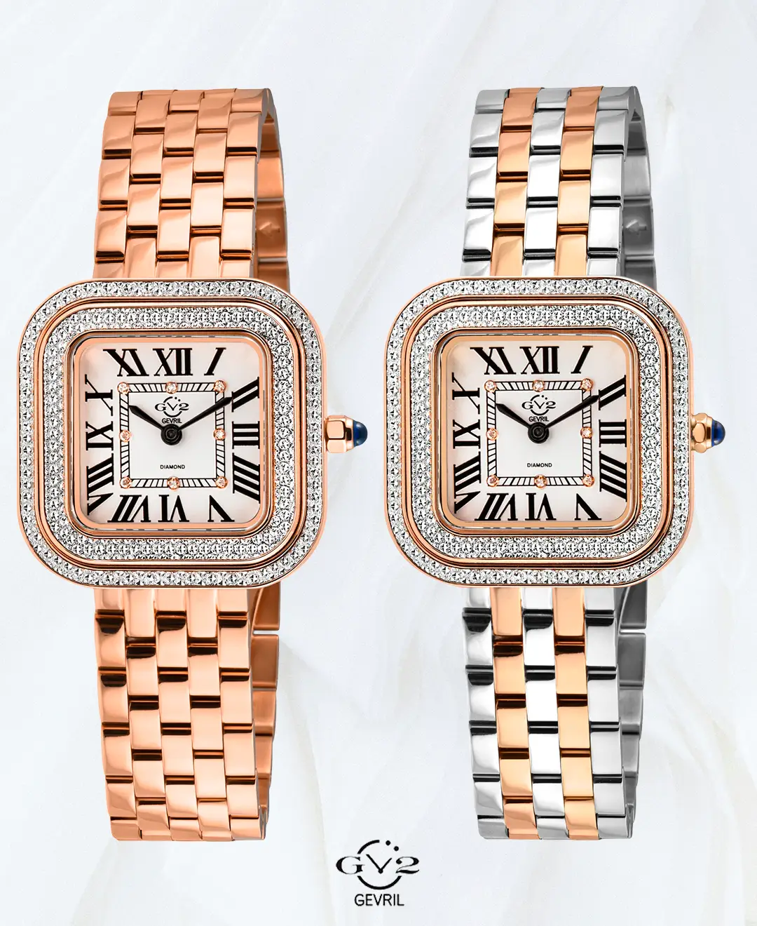Front view of two GV2 Bellagio women’s diamond watches, one with a rose gold tone bracelet and one with a rose gold and silver bracelet.