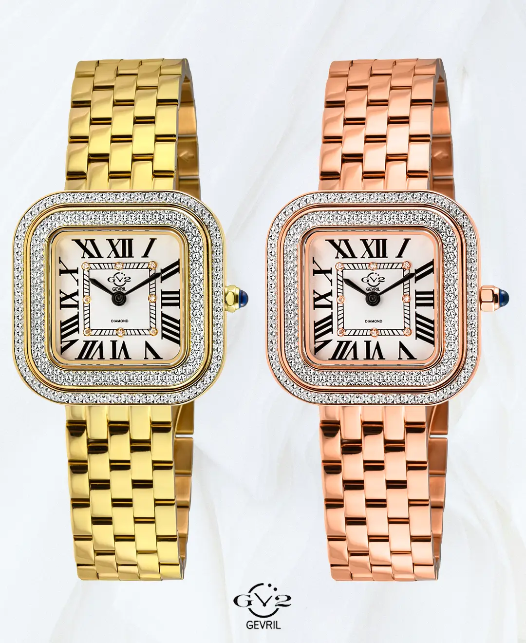 Front view of two GV2 Bellagio women’s diamond watches, one with a gold tone bracelet and one with a rose gold tone bracelet.