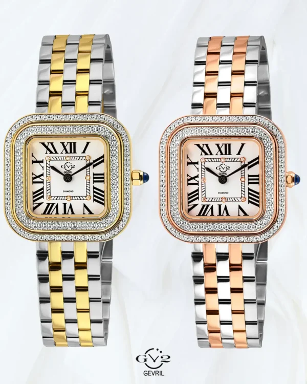 Front view of two GV2 Bellagio women’s diamond watches with silver bracelets accented in gold and rose gold.
