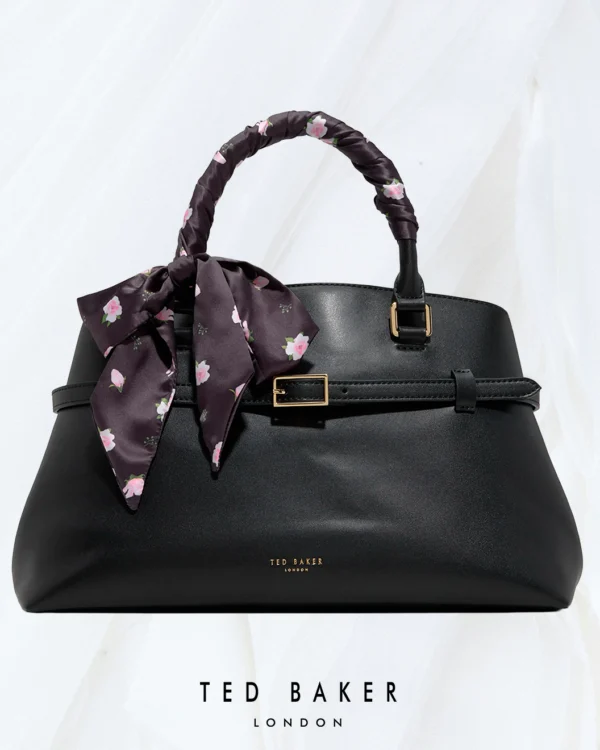 Ted Baker Cameron black handheld bag front view with floral scarf handle